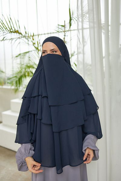 Nissra Ankanoor Navy Blue Veiled 3 στρώσεων σιφόν σουφλέ σάλι Anka 255029