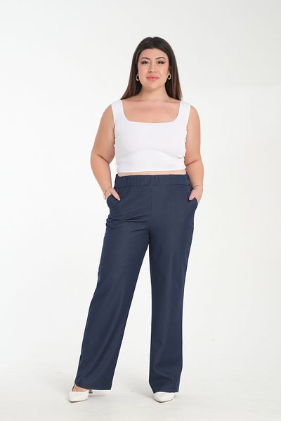 Gül Moda Large Size Silk Jeans with Elastic Waist Navy Blue G116-2