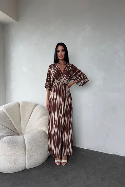 LİLA İSTANBUL Double-breasted collar viscose fabric ethnic patterned slit detailed summer dress