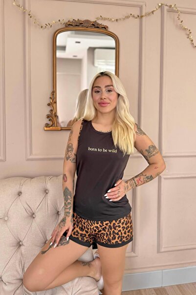Pijamaevi Μαύρο Born to Be Wild Leopard Print Πλεκτό Γυναικείο Σετ Πιτζάμες με Σορτς με μηδενικό μανίκι