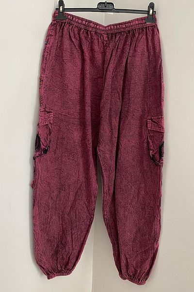 AYASOFYA OTANTIK Unisex Nepalese Burgundy Authentic Ethnic Loose Hippie Bohemian Trousers with Elastic Waist and Legs Cargo Pockets