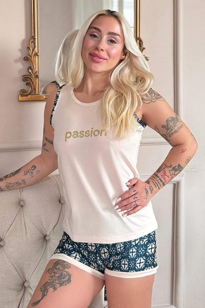 Pijamaevi Beige Passion Patterned Women's Knitted Pajama Set with Zero Sleeve Shorts
