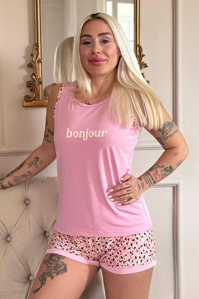 Pijamaevi Pink Bonjour Patterned Knitted Women's Pajama Set with Zero Sleeve Shorts