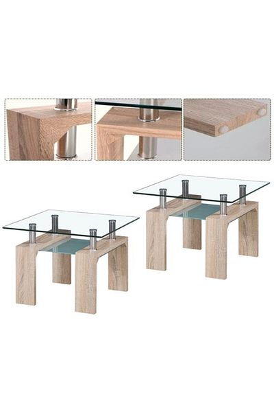 AWF AL WADI FURNITURE Set of 2 Glass Coffee Table 2 Tempered Glass Tabletop & Stainless Steel Tube