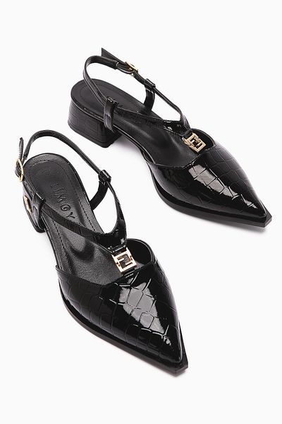 Limoya Ginny Black Crocodile Buckle Detailed Short Heeled Women's Sandals
