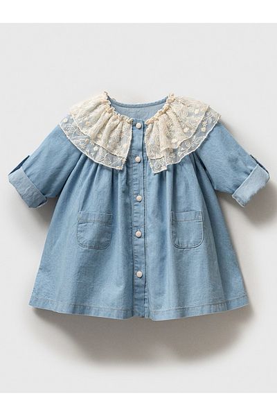 MixMax Bebe Baby Girl Denim Dress with Lace Collar 100% Cotton