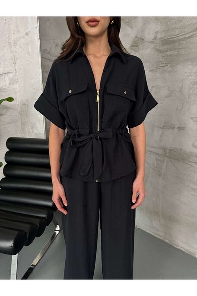 Elif Özbey Butik Black Waist Shirred Suit
