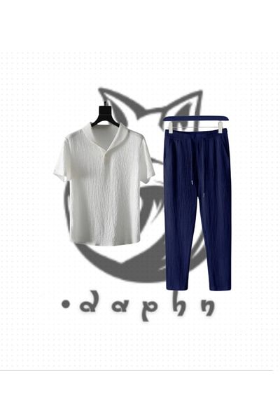TEXTURA New Season Wrinkled Crinkle Fabric Summer Lycra White Short Sleeve Summer T-Shirt Navy Blue Tracksuit Suit