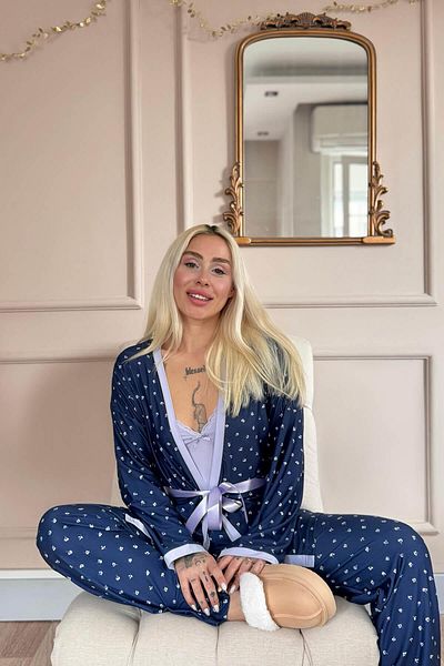 Pijamaevi Lilac Minifloral Exclusive Women's Pajama Set with Knitted Dressing Gown