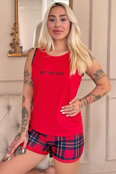 Pijamaevi Red See the Good Patterned Zero Sleeve Shorts Knitted Women's Pajamas Set