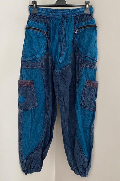 AYASOFYA OTANTIK Unisex Nepalese Blue Ethnic Loose Hippie Bohemian Trousers with Elastic Waist and Legs and Zipper Pockets