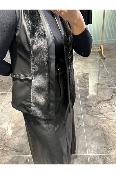 Otto Fur Detailed Leather Vest Skirt Set