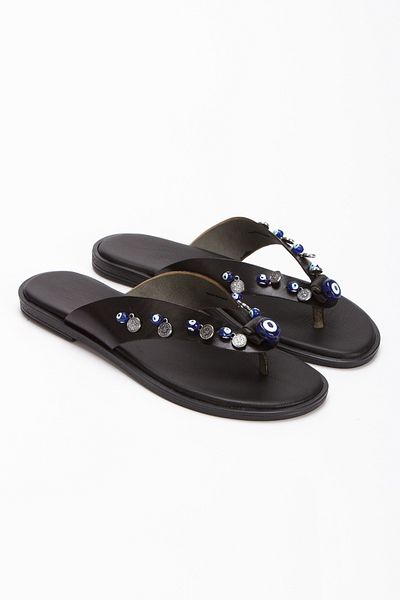 MİSS AMORE Artemis Genuine Leather Black Ready-Made Comfortable Sole Handmade Evil Eye Beaded Bodrum Slippers