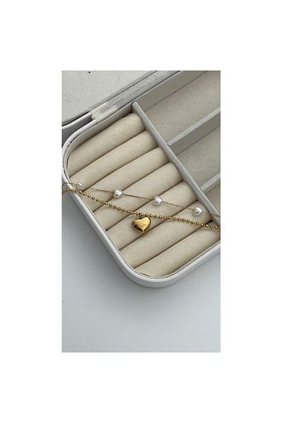 ParlaTakıAksesuar Steel Pearl Double Heart Anklet Gold Color