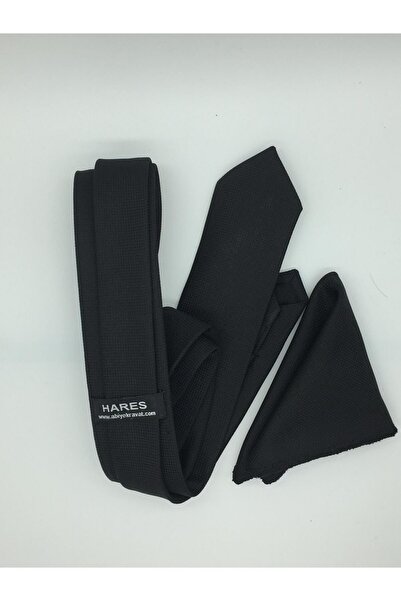 HARES Black Eyelet Handmade Woven Tie & Handkerchief