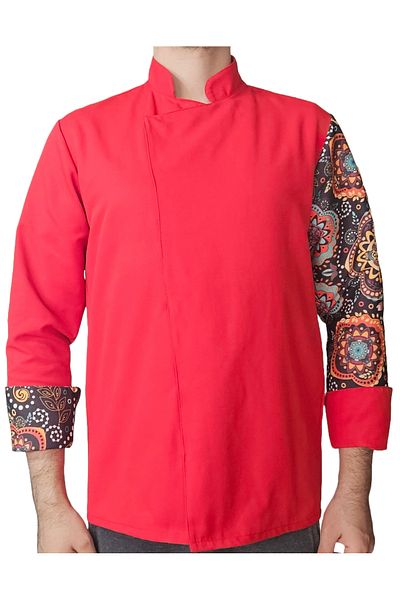 Ant Rotagrup Üniforma ve İş Elbiseleri Unisex Chef Jacket - Red Mandala Patterned Long Sleeve Unisex Chef Kitchen Jacket