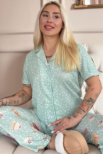 Pijamaevi Mint Macaron Patterned Short Sleeve Front Buttoned Women's Pajama Set