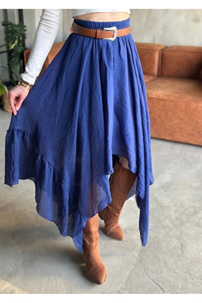 BERİ BUTİK Asimetrik Kesim Bohem Saks Tül Etek