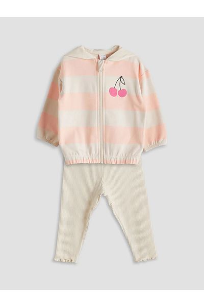 LC Waikiki Lcw Kids Pink Cherry Printed Baby Girl Cardigan and Leggings 2-Piece