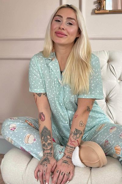 Pijamaevi Mint Macaron Patterned Short Sleeve Front Buttoned Women's Pajama Set