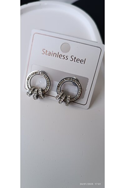 ARİ TAKI Silver Steel Stone Detailed Earrings