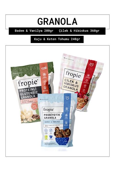 FROPİE Probiotic Almond & Vanilla - Strawberry & Hibiscus - Gluten-Free Cashew & Flax Seed with Protein Set of 3