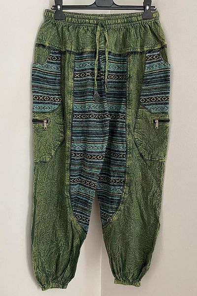 AYASOFYA OTANTIK Unisex Νεπάλ Πράσινο έθνικ μοτίβο με ελαστική μέση και πόδια Casual Hippie Bohemian παντελόνι με τσέπες Cargo