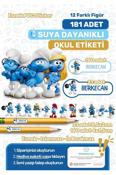 alışveriş kurdu School Label Pen Label Notebook Label Custom Name Writable Label Smurfs Themed 181 Pieces