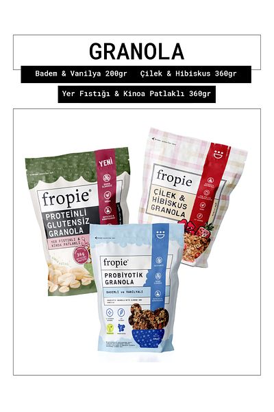 FROPİE Fropie Almond & Vanilla - Strawberry & Hibiscus - Gluten-Free Peanut & Quinoa Puffed Granola Set of 3