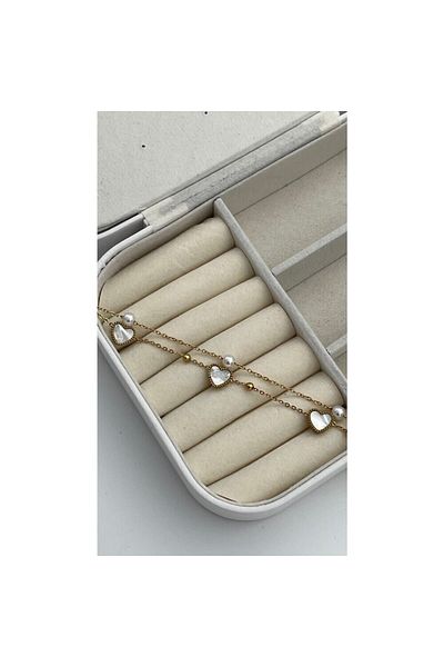 ParlaTakıAksesuar Gold Color Steel Pearl Mother of Pearl and Heart Double Anklet
