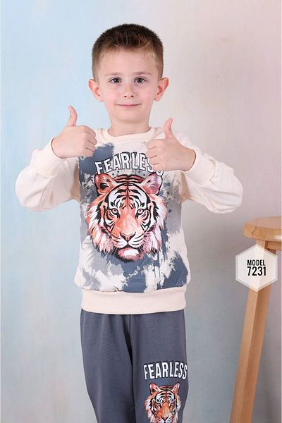 yagmurgiyim Boys' Tracksuit Set Pjk2I - Tiger Pattern, Smoked 2 String, 100% Cotton, 3-10 Years 7231-F