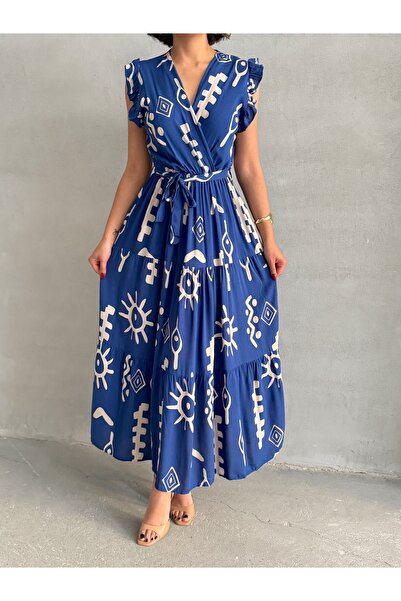 BEJNA Γυναικείο φόρεμα με μπλε βολάν με διπλό στήθος με υφαντό γιακά