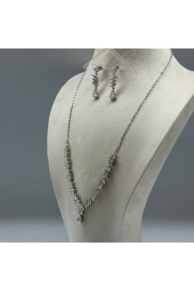 HADRA ACCESSORİES Line and Drop Model Zircon Evening Dress Necklace Earring Set Bridal Jewelry Set Engagement Set Party Invitation Set