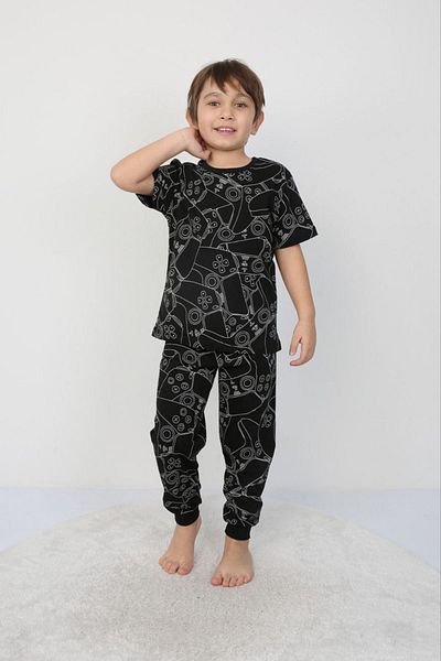 Yağmur Giyim İSOB Set de pijamale cu mânecă scurtă pentru băiat, 100% bumbac, cu model Atary negru, 8-13 ani 41502-S