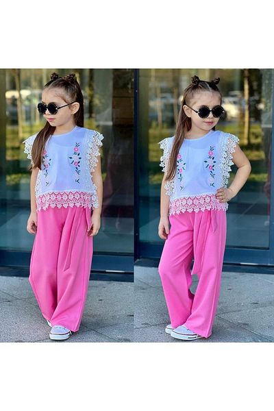 Yağmur Giyim Lace Detailed Badili Fabric Trousers Girl Set Pink 4-12 Years 7013-P