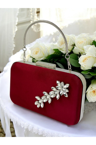 MidStore Burgundy Cristal Piatră Mâner metalic Satin Geantă de seară pentru f...