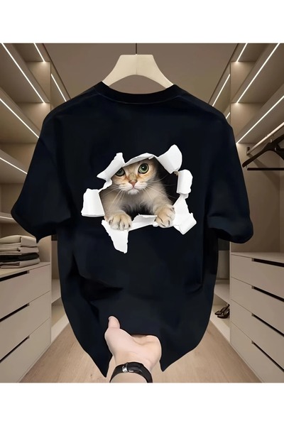 AZIZI TEKSTIL Βαμβακερό μπλουζάκι με φαρδύ κόψιμο, διασκεδαστικό σχέδιο γάτας...