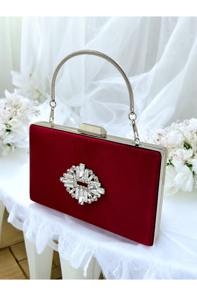 Wedding Fashion Burgundy Cristal Piatră Mâner metalic Satin Geantă de seară p...