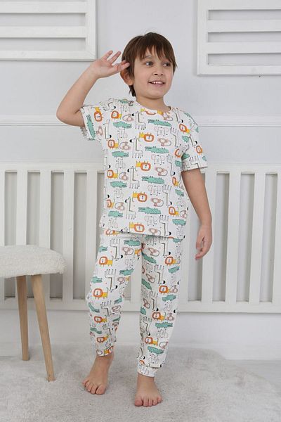 Yağmur Giyim Men's Short Sleeve Pajamas Isob Ecru Animal World Pattern 3-8 Years