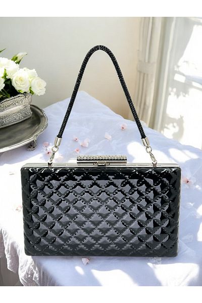 Wedding Fashion Negru de lux din piele lacuita maner din piatra matlasat cu model geanta rochie de seara pentru femei nunta logodna absolvire