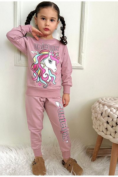 yagmurgiyim Pjk2i Unicorn με σχέδιο Dusty Rose 2 κλωστές 100% βαμβακερό σετ φόρμας για κορίτσια 3-10 ετών 7447-gk