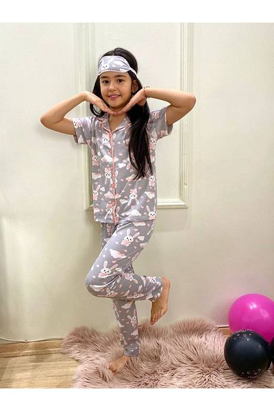 Yağmur Giyim Pjkö Rabbit Patterned Gray Short Sleeve Front Buttoned Girl's Pajamas Set 4-12 Years 927K