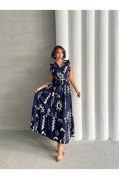 BEJNA Marineblaues, gewebtes Damenkleid mit Fliegenärmeln und zweireihigem Ausschnitt
