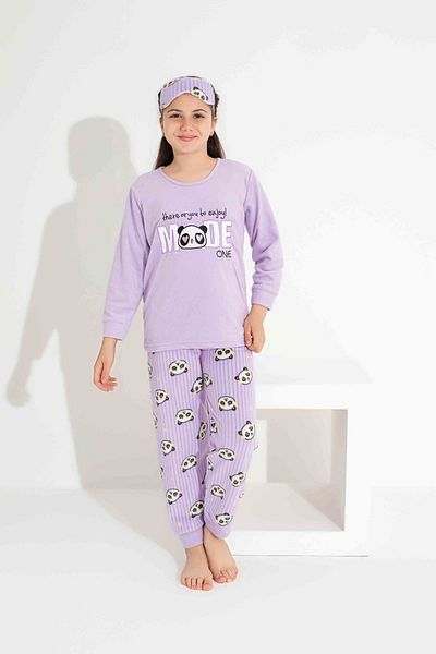yagmurgiyim Lilac Fleece Pajamas Set for Girls - Teddy Bear, 4-15 Years, Tarp 2713-2715-L