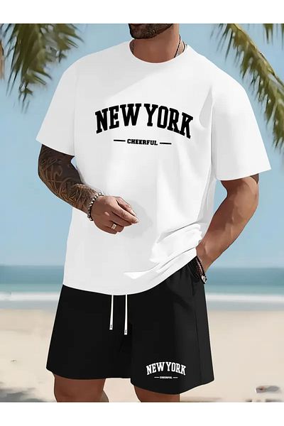 Minikelya New York Cheerful Printed Men's Summer Comfortable Tracksuit Set