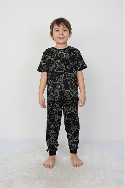 Yağmur Giyim İSOB Set de pijamale cu mânecă scurtă pentru băiat, 100% bumbac, cu model Atary negru, 8-13 ani 41502-S
