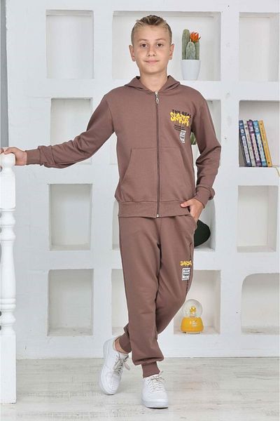 yagmurgiyim Pjk2i Skater Кафяв анцуг с цип за момче, 100% памук, 2 нишки, 5-14 години, 7469-k