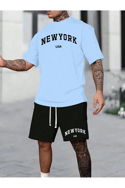 Minikelya New York Casual Sweat Suit for Men, Summer Crew Neck Short Sleeve T-Shirt and Shorts Set