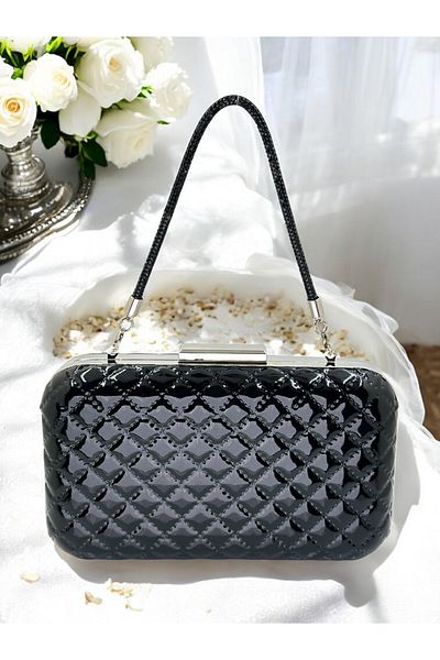 Wedding Fashion Geantă de rochie de seară pentru femei, cu model matlasat, din piele lacuită de lux neagră, pentru nuntă, logodnă, absolvire