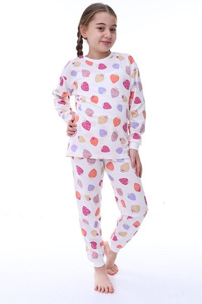 yagmurgiyim Ecru Strawberry Print Pajamas Set for Girls - 100% Cotton, 3-13 Years, 31232-E